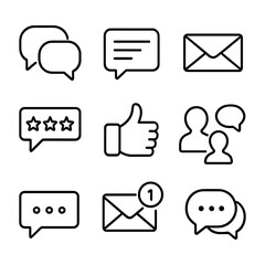 Communication line icons with chat bubbles, messages, email, feedback and social interaction symbols.
