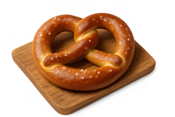 Traditional soft pretzel with coarse salt on a wooden cutting board, serving as a snack or appetizer, transparent background