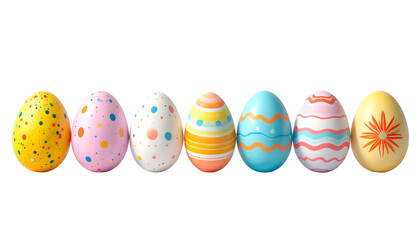 Row of seven decorated Easter eggs on a black background