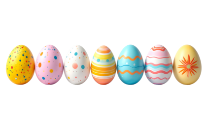 Row of seven decorated Easter eggs on a black background