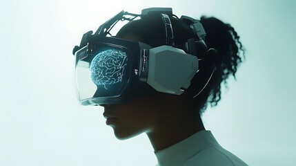 Woman wearing futuristic VR headset displaying glowing artificial intelligence brain, symbolizing advanced neurotechnology and digital immersion.