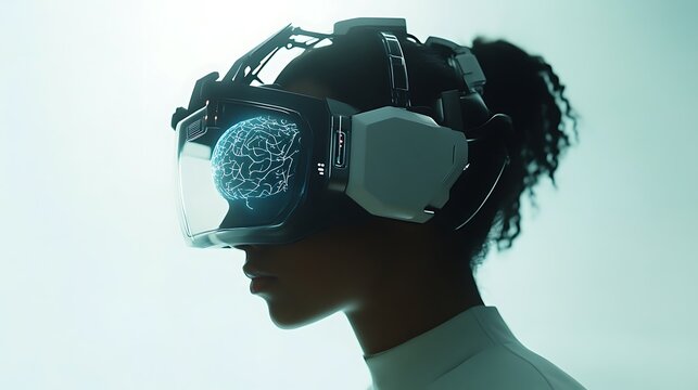 Woman wearing futuristic VR headset displaying glowing artificial intelligence brain, symbolizing advanced neurotechnology and digital immersion. - Powered by Adobe