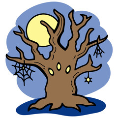 Old Tree Stands Tall Under the Moon in Dark Space With Spider Webs