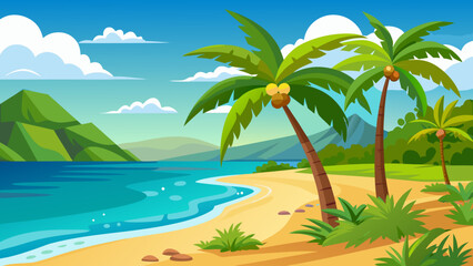 Tropical Beach Scene With Palm Trees and Mountains in Background