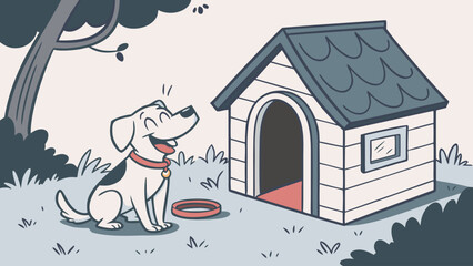 Dog Sits Near Its House With a Happy Expression by a Tree