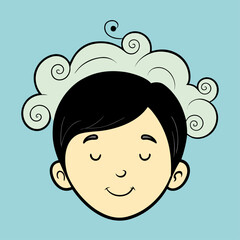 Boy With Closed Eyes and Swirling Thought Bubbles Above Head
