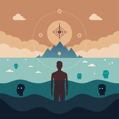 Figure Standing in Water With Faces and Mountain in Background