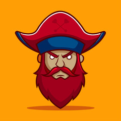Cartoon Pirate Character With Red Beard and Hat on Orange Background