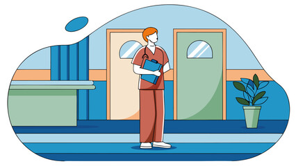 Nurse Standing in Medical Facility Waiting for Patient in Hallway