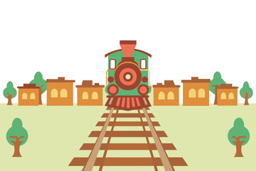 Train Travels on Tracks Through Small Town in Simple Design