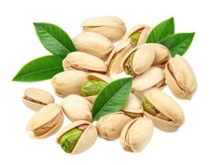 A cluster of open pistachios, shelled and whole, with bright green leaves arranged in a circular design