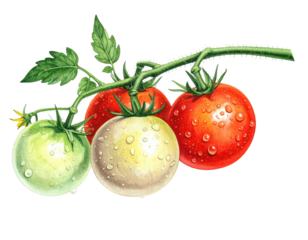 Artistic depiction of ripening tomatoes with water droplets, various colors