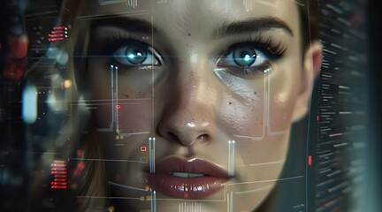 Futuristic close up of a young woman with blue eyes looking at a holographic heads-up display with biometric data and cybernetic interface overlays - Powered by Adobe