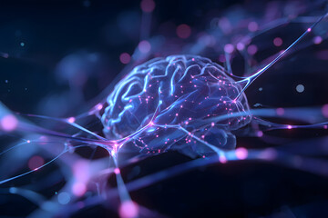 Close-up view of human neurons showing intricate connections and glowing elements in a dark background