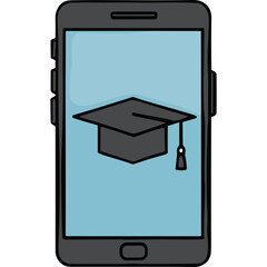 Illustration of a graduation cap displayed on a smartphone screen representing online education and learning on a light blue background with a black outline phone