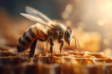 Close-up view of a busy bee working on honeycomb in a beehive environment