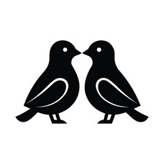 Two cute black birds kissing in a symmetrical silhouette design, representing love, romance, and a couple's bond. This simple vector icon is a symbol of affection and togetherness