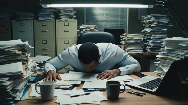 Overwhelmed man hunched over a desk buried under immense stacks of paper