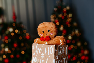 Cute Gingerbread Plush Toy Popping Out of Holiday Gift Box with Christmas Lights