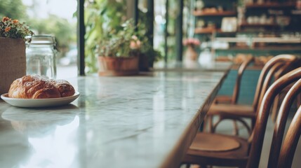 Cozy Coffee Shop With Smooth Marble Table and Bokeh Blur of the Background Featuring Plants and a Pastry