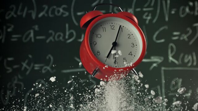 Alarm clock flies with school chalk against the background of the blackboard. Filmed on a high-speed camera at 1000 fps. High quality FullHD footage