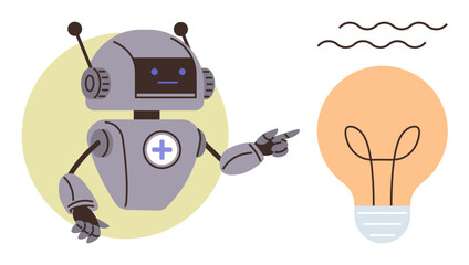 Friendly robot with mechanical arms and antennas gesturing to a glowing lightbulb. Ideal for technology, innovation, creativity, brainstorming, AI, solutions, and futuristic concepts. A simple flat
