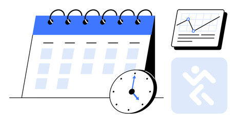 Calendar with highlighted squares, clock, and rising chart with connected points. Ideal for time management, scheduling, organization, goals, productivity planning tracking. Simple flat metaphor