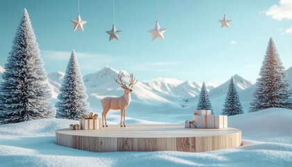 Magical winter holiday scene with reindeer, Christmas trees, and snowy mountains creating a festive holiday mood and a sense of peaceful wonder.