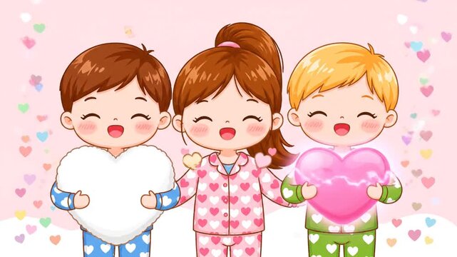 Adorable Cartoon Kids in Valentine Day Pajamas Celebrating Love and Friendship. Happy Boys and Girl Holding Hearts with Falling Hearts Background Animation