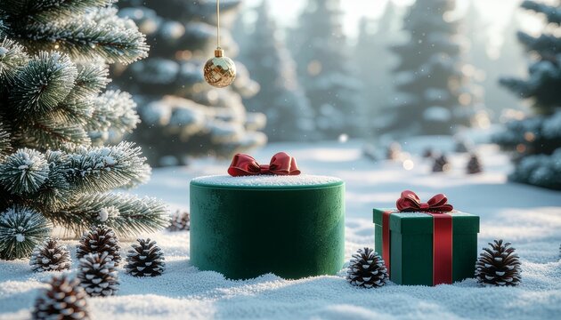 Enchanting Christmas gifts nestled in snowy forest, perfect for holiday greetings and festive marketing campaigns with a touch of winter magic - Powered by Adobe