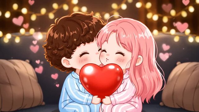 Cute Chibi Couple Sharing Love on Valentine Day Pajamas Night with Red Heart Balloon and Floating Hearts Animation