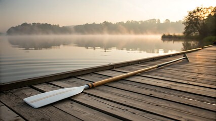 Oar resting on wooden dock overlooking misty lake in the morning
