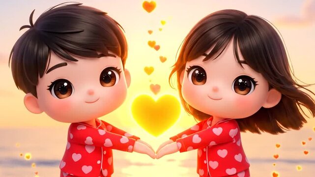 Cute Chibi Couple in Valentine Day Pajamas Making a Heart Shape at Sunset. Adorable Love and Romance Concept for Valentine's Day Celebration.
