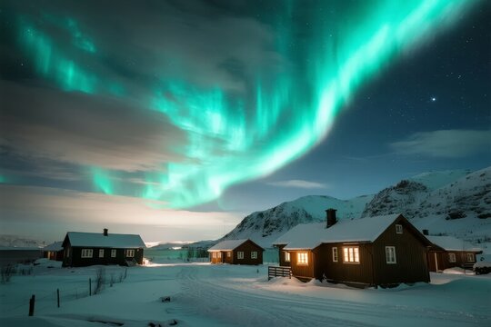 Northern lights illuminate snowy landscape with wooden cabins and mountains under a starry night sky - Powered by Adobe
