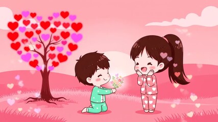 Sweet Cartoon Couple in Valentine Day Pajamas Sharing a Romantic Moment, Boy Giving Flowers to Girl, Adorable Love Scene with Heart Tree and Floating Hearts in Pink Landscape