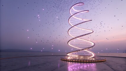 Glowing DNA Helix on a Futuristic Digital Landscape