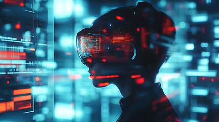Futuristic person wearing VR headset interacting with vibrant digital data interface