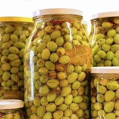 Home preserved olive jars freshly made.