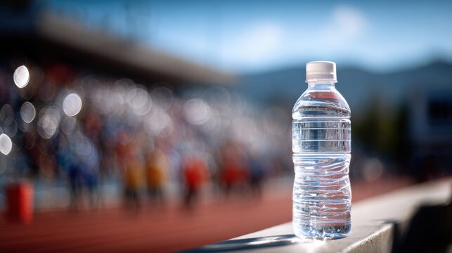 Sports Isotonic Drink Placed on a Ledge During an Event With Blurred Spectators in a Stadium Background
