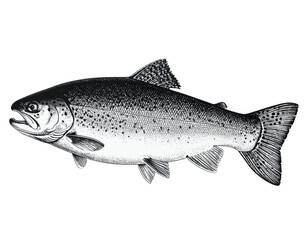 Obraz premium Detailed grayscale depiction of a fish, scales evident, fins extended, isolated on a black background