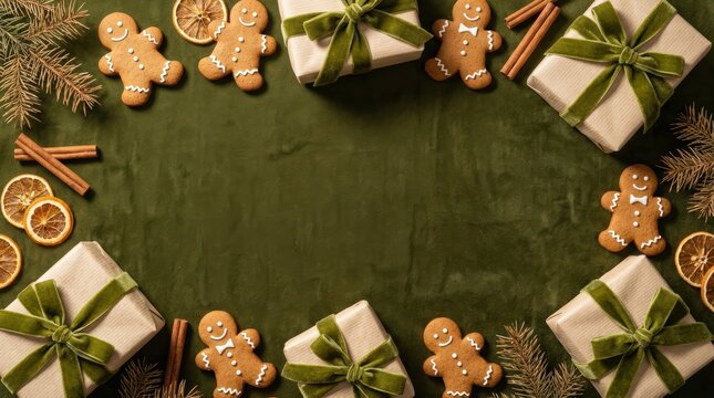 Festive gingerbread men gifts cinnamon and dried orange slices on a rich green background create a cheerful Christmas scene