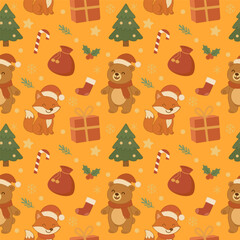 Fototapeta premium Seamless Christmas pattern. Cute animals create a magical atmosphere. Vector. Universal. Perfect for textile prints, wrapping paper, cards, and various business applications.