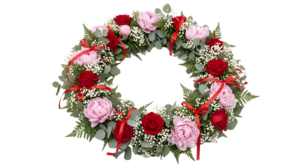 Vibrant floral wreath png featuring red roses, pink peonies, and lush greenery, adorned with ribbons, perfect for celebrations, memorials, or elegant decorative projects