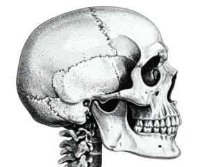 Anatomical illustration of a human skull in profile, showcasing bone structure and teeth
