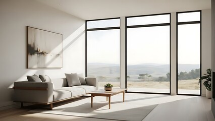 Fototapeta premium Sunlit modern living room with panoramic windows and scenic landscape view.