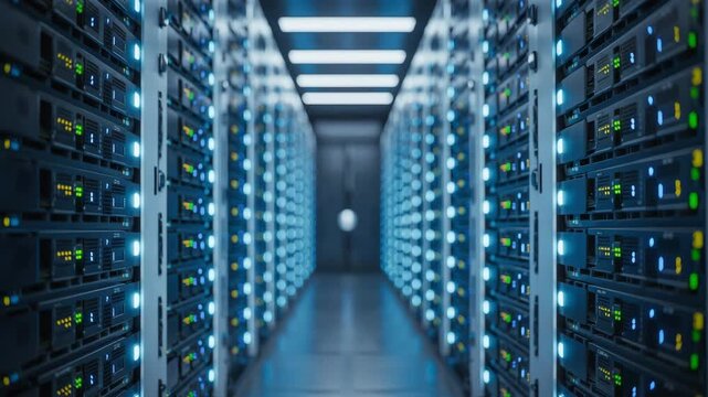 High-tech data center with rows of illuminated servers and advanced technology infrastructure