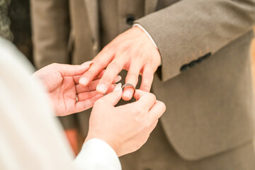 Bride and groom exchanging rings at a wedding venue (wedding, wedding, bridal)
