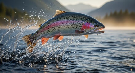 Rainbow trout leaps from clear water with mountains in background during golden hour light creating a dynamic scene