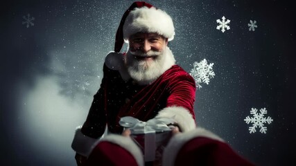 Santa Claus man holding and offering christmas gift during snowy night under bright falling snowflakes to another person. - Powered by Adobe