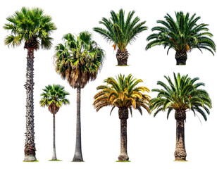 A collection of various palm tree images, isolated against a transparent background